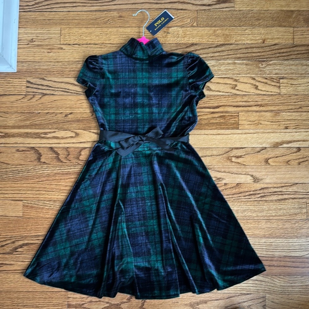 Plaid Green, Navy, and Black velvet Kids Dress
